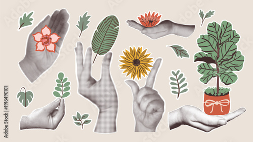 Trendy retro collage set. Halftone hands with colorful tropical botanical elements, leaves and flowers. Vintage floral organic stickers collection.