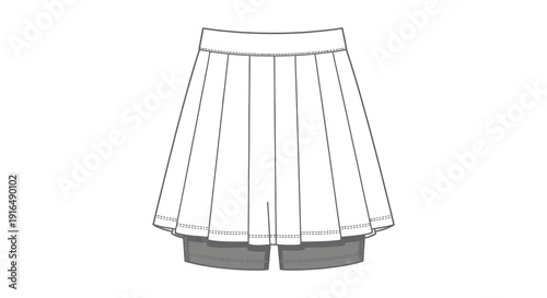 Technical illustration of a white pleated skirt with built in shorts shown in a flat style
