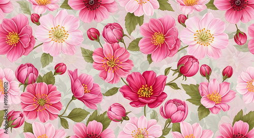 Watercolor floral pattern with vibrant fuchsia and delicate blush pink dahlia flowers, green leaves, and buds on a textured light background, ideal for textile design or digital wallpaper.