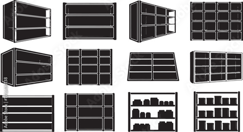 Collection of various empty black shelving units and storage systems