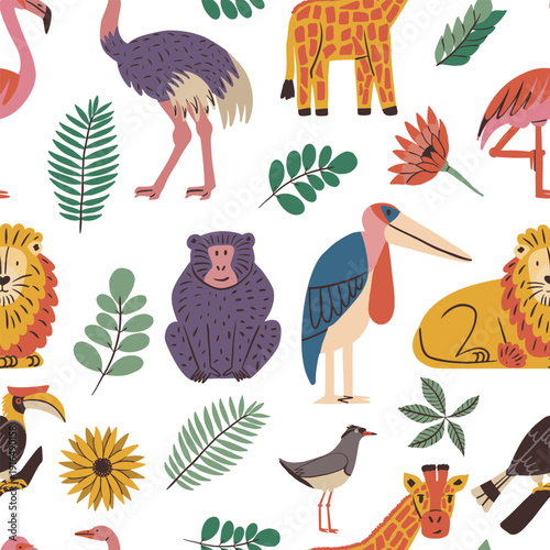 Seamless vector pattern with cute cartoon African animals and birds. 