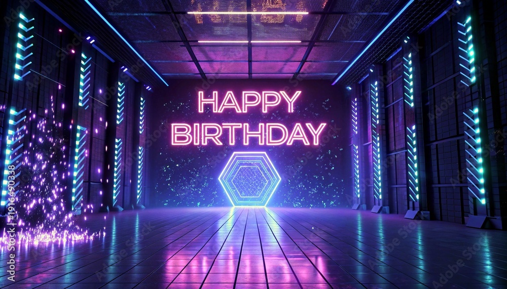 Obraz premium A vibrant digital art of a futuristic birthday celebration. Neon lights, hexagonal patterns, and 