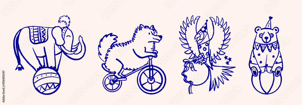 Fototapeta premium Circus hand drawn vector set with animals. Elephant balancing on a ball, a dog riding a bicycle, a parrot and a funny bear in a cone hat drawn in blue ink style. Vector elements