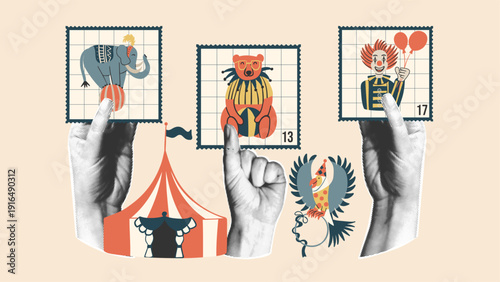 Vector vintage collage illustration with halftone hands holding postage stamps with circus elephant, bear and clown characters. Retro elements.