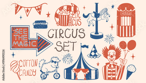 Circus vector set of vintage hand drawn  carnival elements,  clown with balloons, big top tent and carousel horse, ticket booth and fast food snacks in retro grunge style