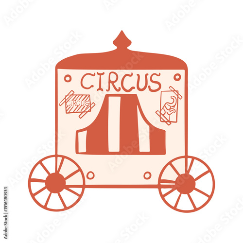 Vintage hand drawn vector illustration of a traveling circus wagon with large wheels, striped curtain door and old posters isolated on white background