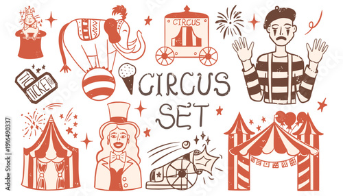 Vintage hand drawn circus and carnival set. Funny mime and performing elephant, magic rabbit in a hat and different elements. Retro vector design