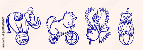 Circus hand drawn vector set with animals. Elephant balancing on a ball, a dog riding a bicycle, a parrot and a funny bear in a cone hat drawn in blue ink style. Vector elements