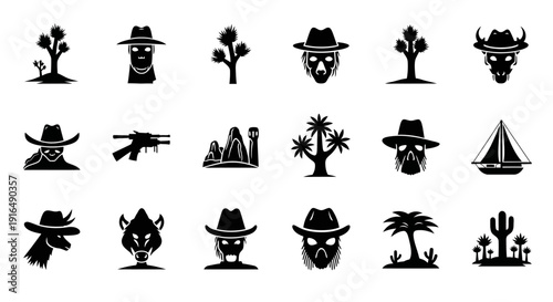 Wild West Cowboy Desert Themed Black Silhouette Icons Set, Isolated White Background