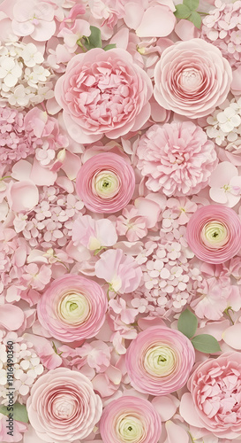 Delicate pastel pink ranunculus and rose petals create a soft floral background texture, ideal for wedding invitations or feminine branding.