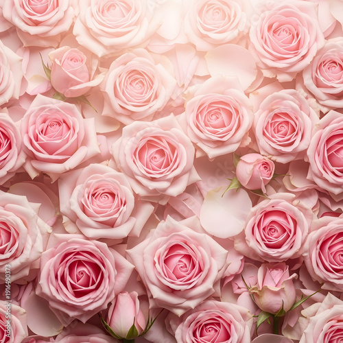 Soft pink rose blossoms and delicate petals create a romantic floral background with gentle light flare for wedding invitations or social media.