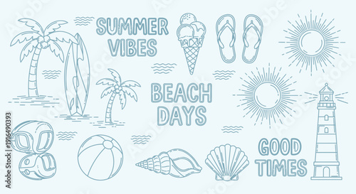 Summer Vibes Beach Days Good Times Line Art Icon Set with Palm Trees Surfboard, Light Blue Background