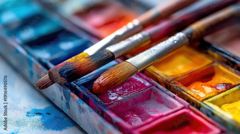 Obraz premium Vivid Watercolor Palette with Brushes and Colors