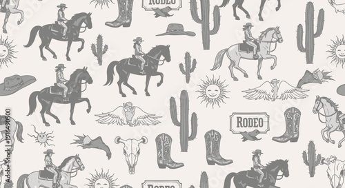 Western Rodeo Cowboy Seamless Pattern with Horses Cactuses Hats Boots, Light Grey Background