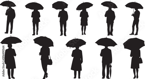 Silhouettes of people holding umbrellas in various poses and outfits