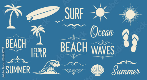 Set of Beach and Surf Themed Vector Icons and Elements with Palm Trees, Surfboard, Sun, Waves, and Text on Blue Background