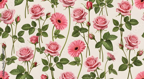 Seamless floral pattern featuring delicate pink roses and vibrant gerbera daisies with green leaves on a light cream background, perfect for textile design or digital paper.