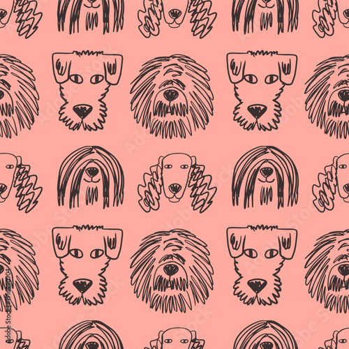 Seamless pattern with cute hand drawn dog faces terrier and sheepdog breeds in black ink sketch style. Funny animals vector design
