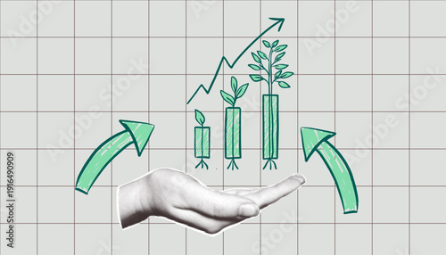 Business growth concept with retro halftone hand holding plant chart, financial success and investment profit. Doodle graph with arrows on grid paper background