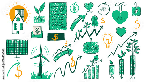 Esg concept hand drawn ecology set. Sustainable energy icons with financial growth ideas, green doodle solar panel, wind turbine and business graph.