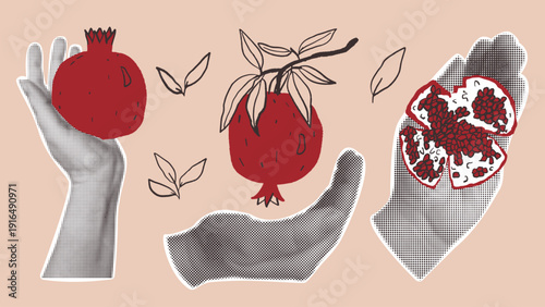 Set of retro halftone hands holding red pomegranate fruit. Vintage collage art with whole and broken organic food. Doodle element with summer food.