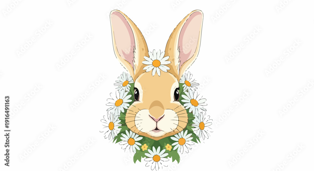 Fototapeta premium Illustration of a rabbit's face surrounded by white and yellow flowers with green leaves on a plain white background.