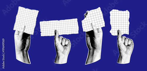 Hands cut out of paper in dots holding torn pieces of white squared graph notebook paper with ripped edges. Retro collage style vector illustration