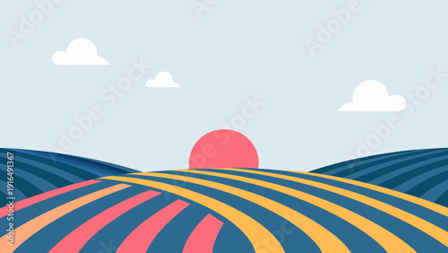 Vibrant sunrise over farmland with colorful striped fields and serene sky