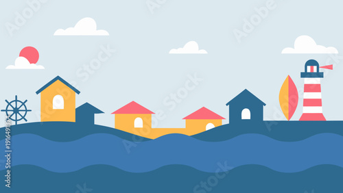 Vibrant coastal village landscape with simple houses lighthouse and sailboat on calm waters under sunny sky