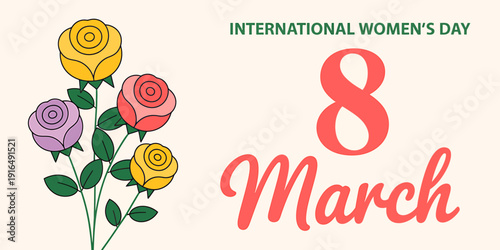 International Womens Day March 8 roses flowers illustration design