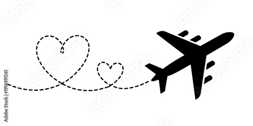 Airplane flying with heart shaped dotted line trail on white background
