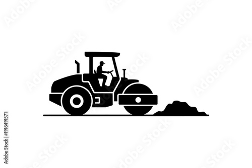 Black silhouette of a road roller with a driver on a white background
