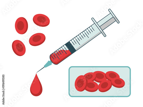 Blood donation and storage medical concept with syringe and red blood cells