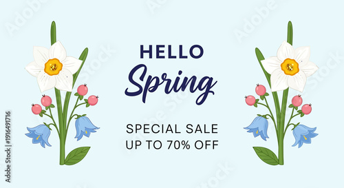 Hello spring special sale advertisement with flowers and text on blue background