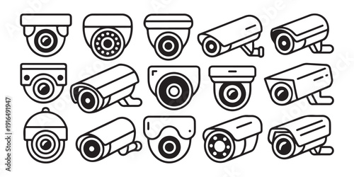 Line art security camera icon set showing various cctv monitoring devices for home and commercial protection