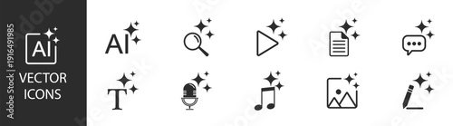 Digital artificial intelligence creator and assistant icons for text picture film sound music file and presentation generation minimal outline vector collection isolated on transparent background