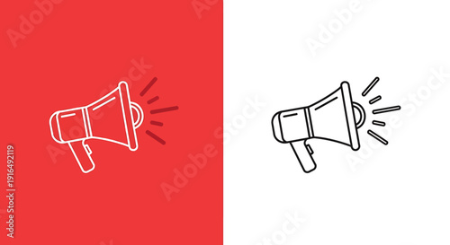 Simple line art megaphone icons in red and white backgrounds for communication symbols
