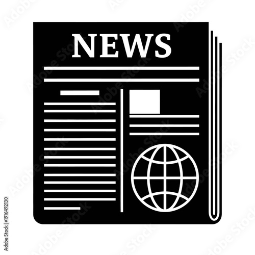 Newspaper icon with globe and text on white background