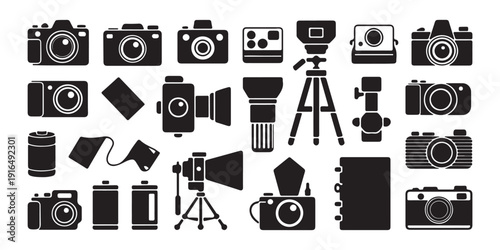 Photography equipment icon set, photo camera, lens, tripod, flash, film, and accessories vector