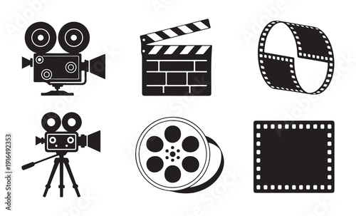 Cinema production icons set with antique film camera and clapperboard isolated on white background flat style