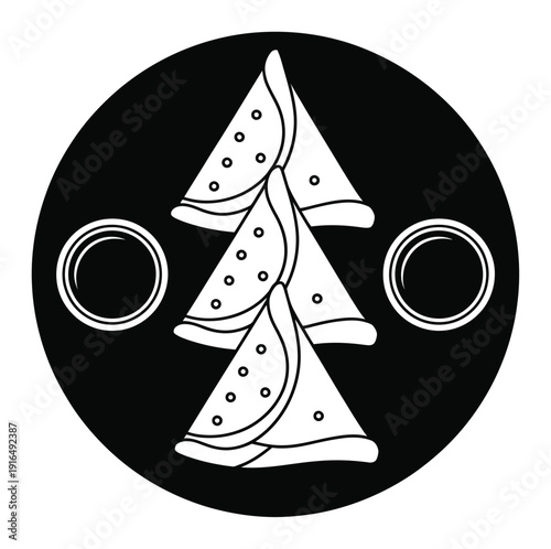 Stylized Samosas and Dipping Sauces in a Black Circle