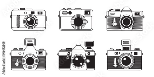 Retro vintage camera icons in black and white style different models photography equipment collection vector
