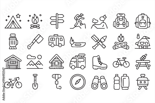Outdoor Camping and Hiking Outline Icon Collection