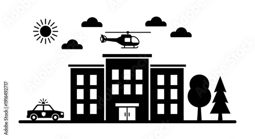 Cityscape with police car helicopter and building silhouettes on white background