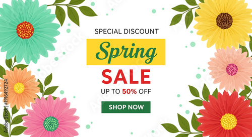Colorful flowers and leaves on white background with spring sale advertisement text