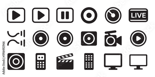 Set of black and white media player icons, audio and video control symbols, sound waves, television