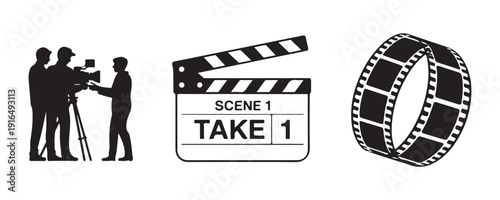 Film production set with cameramen, clapperboard for scene take, and roll of filmstrip illustration