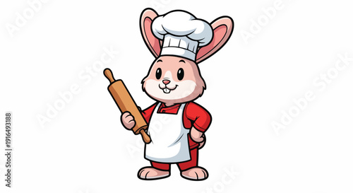 Cartoon rabbit wearing chef's hat and apron holds rolling pin on white background with playful mood.
