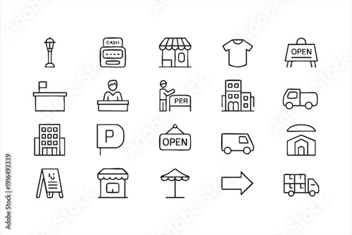 Retail Storefront and Shop Outline Icon Collection