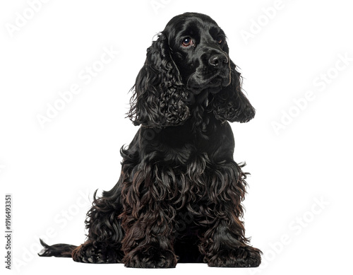 Black cocker spaniel dog sitting pose with glossy curly fur and attentive expression